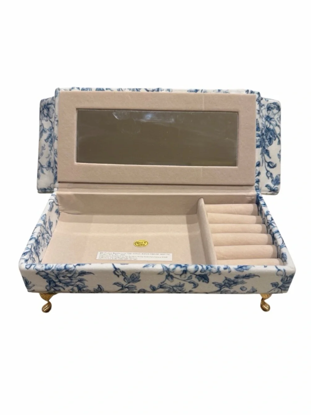 Blue White Floral Toile Sofa Jewelry Box Heart Back Miniature